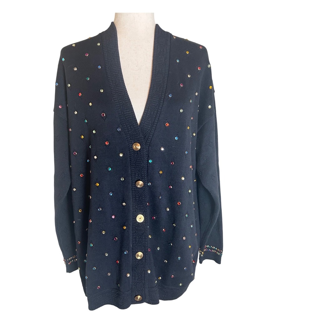 Clodia Dee Vintage Cardigan Women XL Black Rhinestone Embellished V-Neck Knit